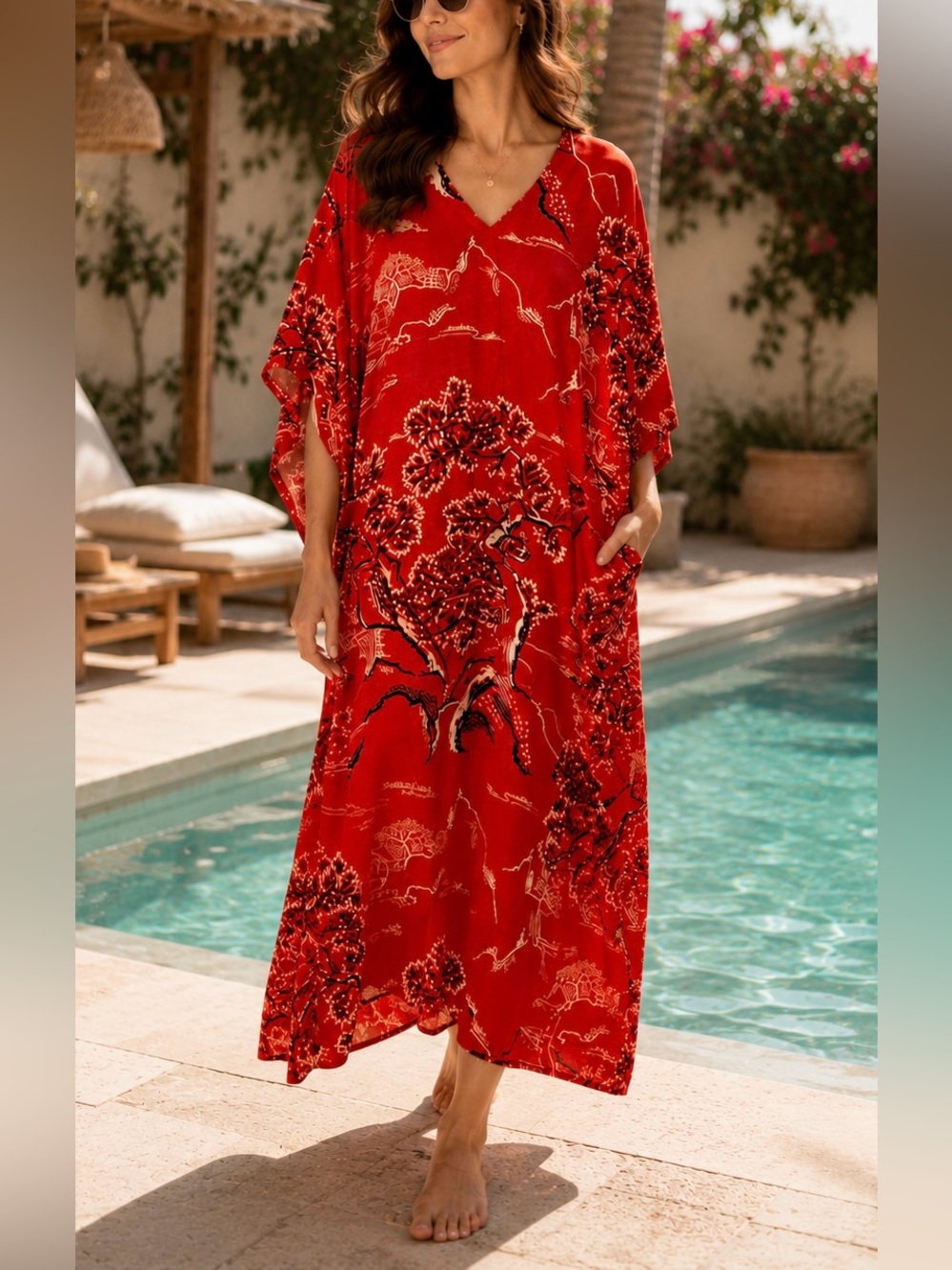 Natori XS Red Asian Landscape Print Caftan Maxi Dress Kimono Sleeve Pockets